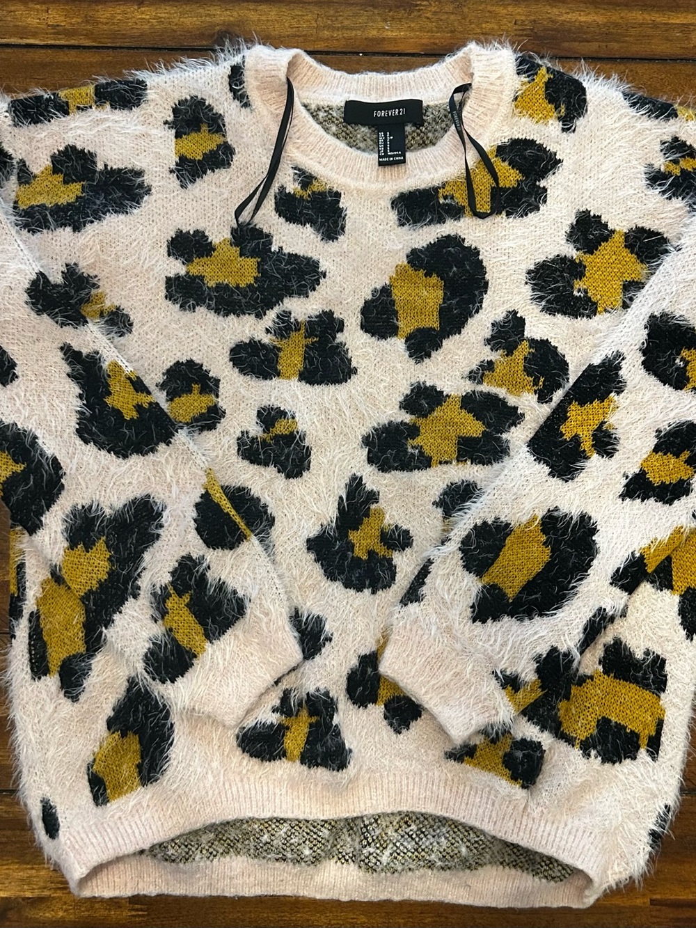 Forever 21 Pink Fuzzy Crewneck Sweater with Black and Mustard Leopard Spots